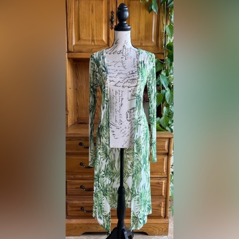 Pinc Green Tropical Palm Leaf Print Mesh Swim Coverup Duster‎ Cardigan Small